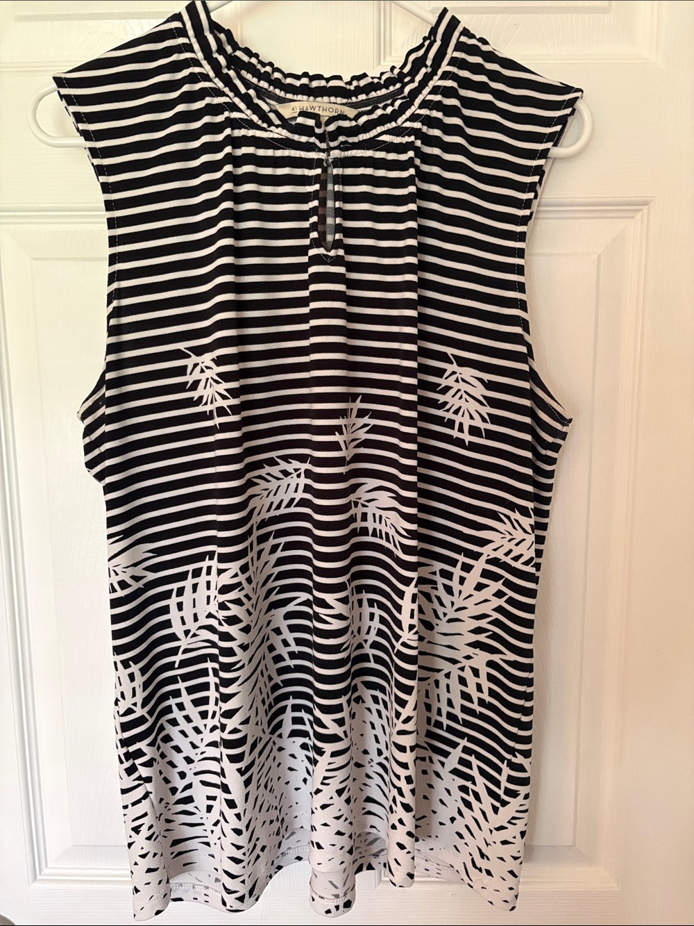 41 Hawthorn Black and White Striped Sleeveless Top with Palm Print